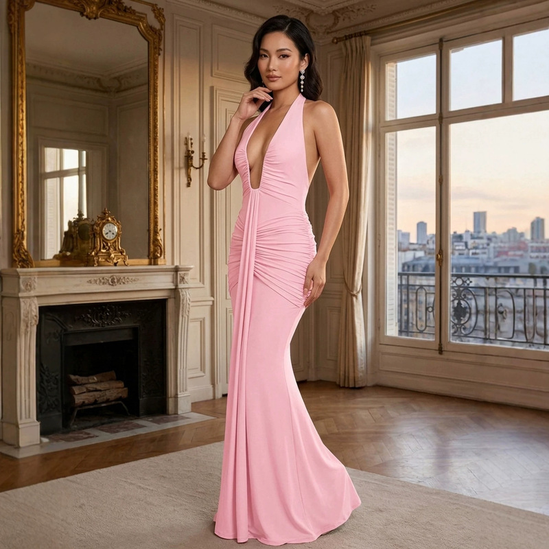 Elegant Women's Pink Long Cocktail Dress with Asymmetrical Halter Neckline and Pleated Mermaid Hem, Suitable for