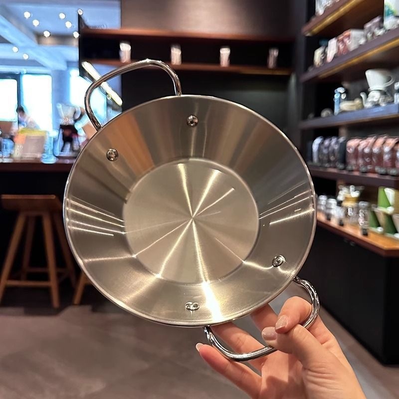 Stainless steel Spanish seafood rice pot, lobster plate, Korean fried chicken plate, army hot pot, dry pot, double-handled flat-bottomed pot