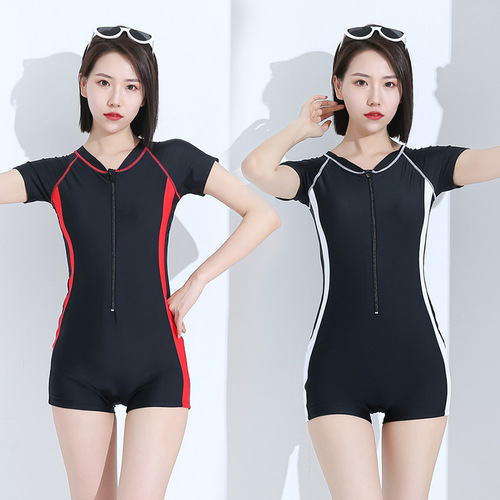 One-piece swimsuit for women, conservative square angle, belly-covering, slimming, sexy and sporty, Korean style professional swimsuit, short-sleeved hot spring