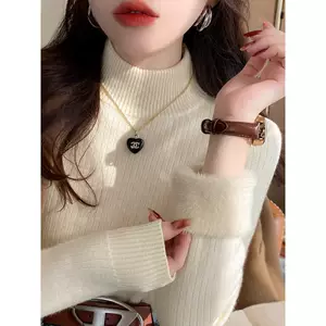 เสื้อสเวตเตอร์ผ้ากำมะหยี่สำหรับผู้หญิง ฤดูหนาว แบบหนา มีซับใน คอเต่าครึ่งตัว เสื้อตัวในสวมใส่ด้านใน รุ่นใหม่ปี 2024 สำหรับฤดูใบไม้ร่วงและฤดูหนาว เสื้อถักทรงเอวสูง