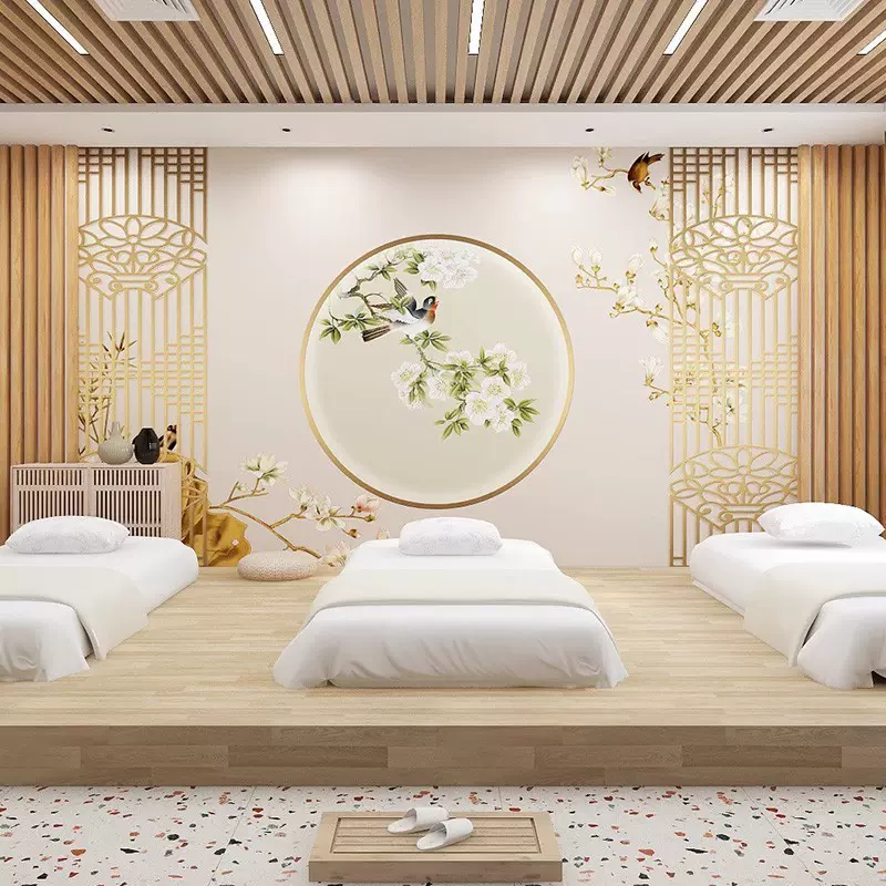新中式木纹格栅墙纸茶室包间禅意壁画直播间养生馆美容院装饰壁布