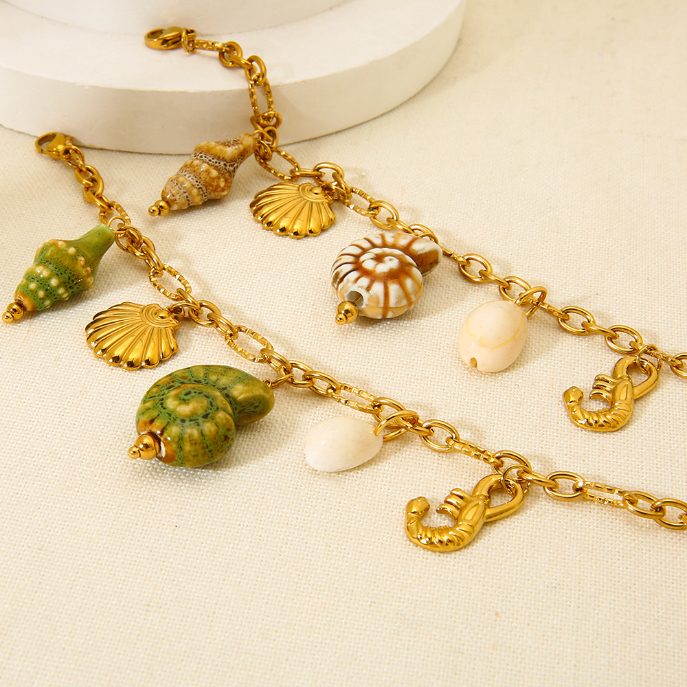 304 Stainless Steel, ceramics Material Starfish, Conch, Shell Pattern Beach Sweet Starfish Conch Shell 304 Stainless Steel Ceramics Figaro Chain Multi Charms Bracelet In Bulk