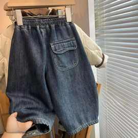 儿童加绒牛仔裤男女宝宝休闲裤秋冬色一体绒大口袋宽松复古裤子