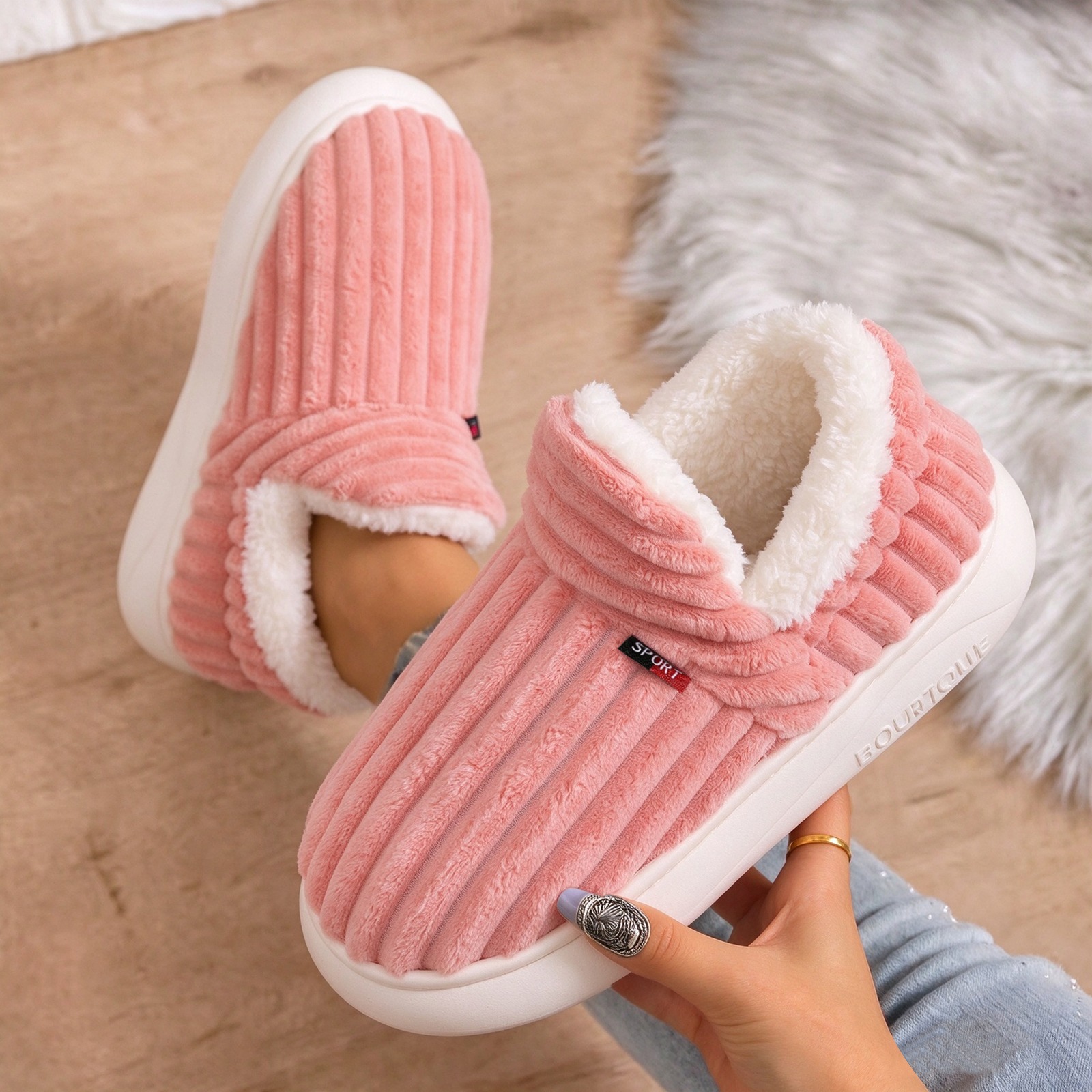 Women's winter cotton slippers for home use, cotton cross-border TEMU large size plush furry shoes, versatile slip-on warm shoes