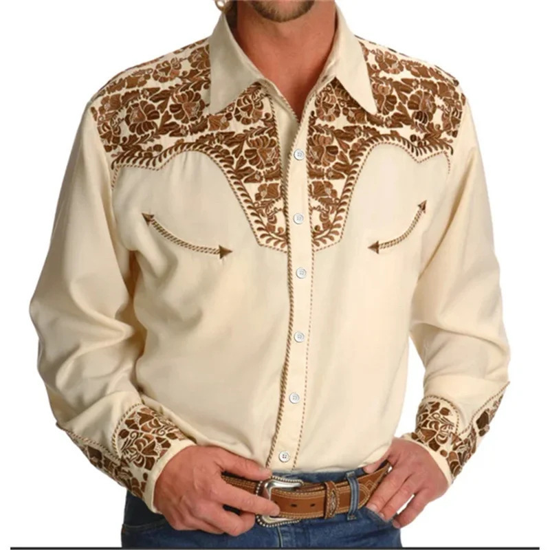 Cross-border New Men's Fashion Printed Shirt American West Style Printed Loose Long Sleeve Shirt Cross-border New Men's Fashion Printed Shirt American West Style Printed Loose Long Sleeve Shirt