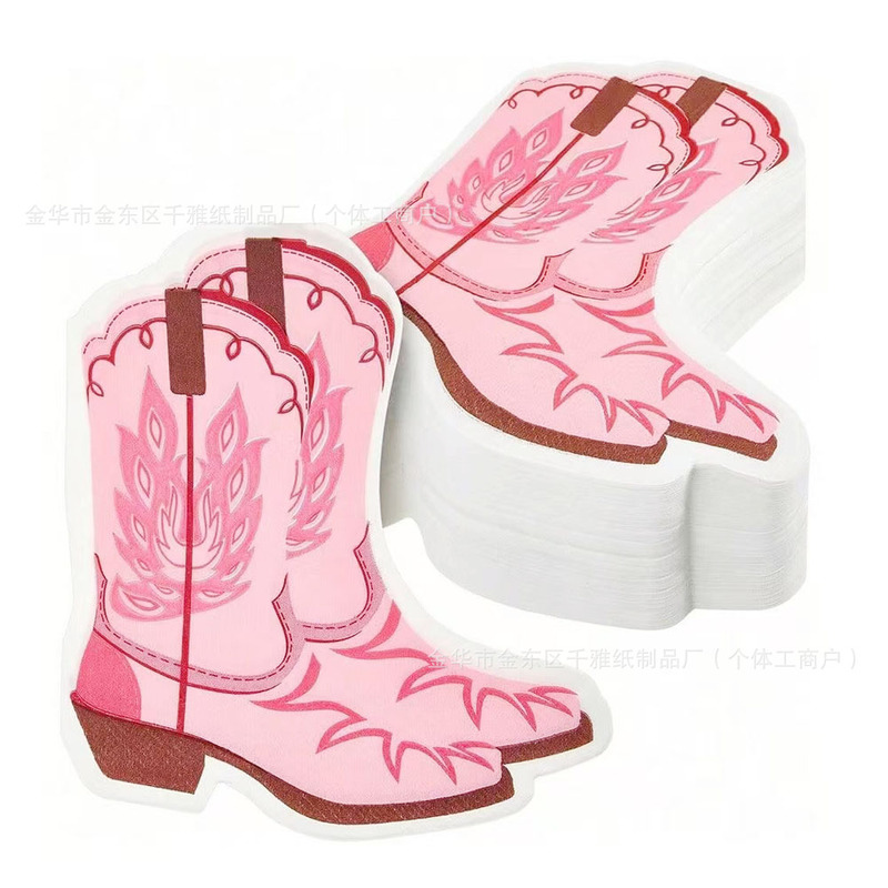 In-Stock Western Cowboy Pink Short Boot-Shaped Napkins Birthday Bachelorette Cocktail Decorative Printed Paper Napkins