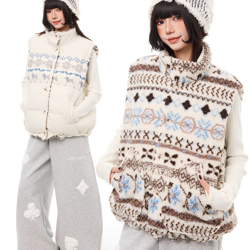 American retro style reversible Fair Isle vest for men and women, color-blocking, thickened, warm, with dog and snowflake patterns, winter coat American retro style reversible Fair Isle vest for men and women, color-blocking, thickened, warm, with dog and snowflake patterns, winter coat