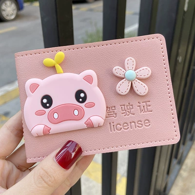 leather case female driving license Multimediya və saxlama aksesuarları - right-driving-pink-set-long-grass-pig-pink-flower-6-card-position