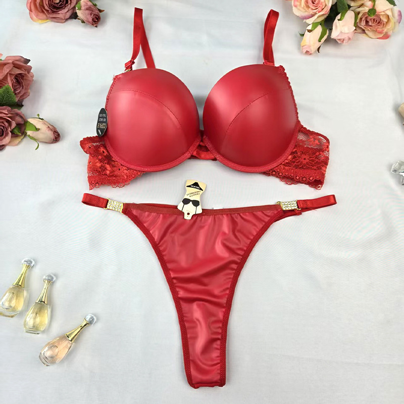 Foreign Trade Cross-Border Supply Pu Leather Bra and Intimates Set Lace Splicing Hem Push-Up Bikini 86-221