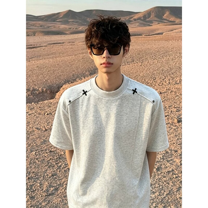 American-Style Cross Embroidery Short-Sleeve Men's Summer Deconstructed Boxy Regular Shoulder Heavyweight T-Shirt with Wide Shoulders and Slimming Effect