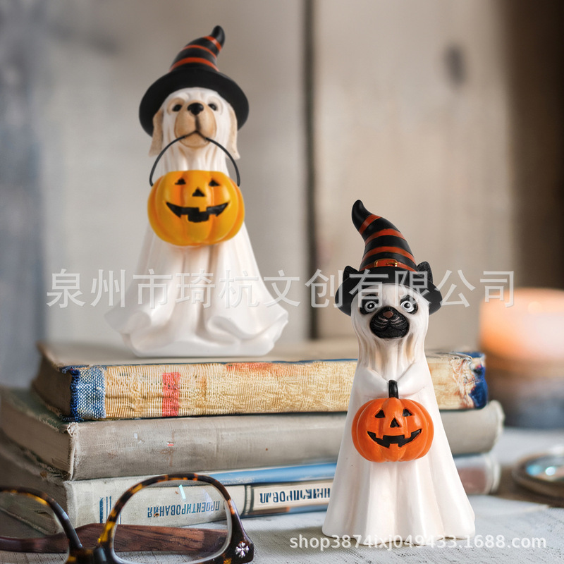 越境新品提かぼちゃ幽霊犬置物玄関バーパーティーハロウィン雰囲気樹脂工芸品飾り|undefined