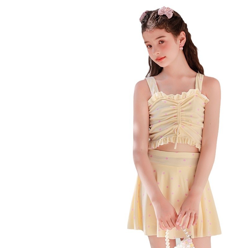 Trajes de baño para niños nuevos niños pequeños pequeños lindos puntos de onda frescos de cintura de falda de natación de vacaciones para niñas