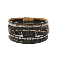 Cross-border new crystal stone woven artificial leather bracelet with magnetic clasp, adjustable multi-layer embedded diamond ladies' band