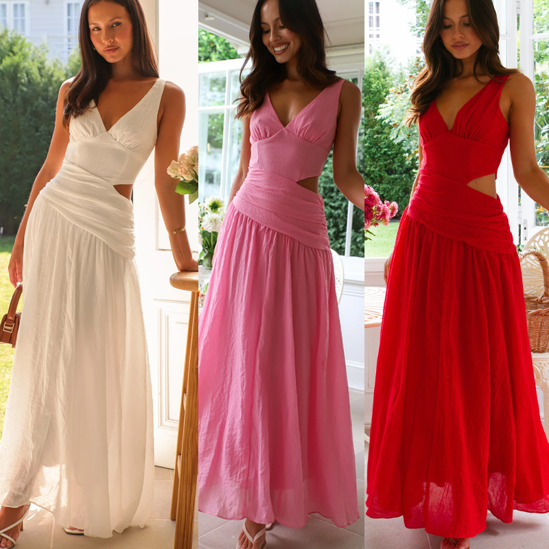 Cross-border European and American Amazon 2025 New V-neck Sleeveless Solid Color Stitching Large Pendulum Long dress AliExpress
