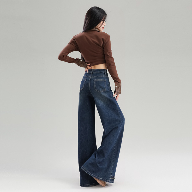 Jeans retro de piernas largas de lana primavera de mujeres 2026 nuevo tipo delgado de cintura alta flácida chandeliers