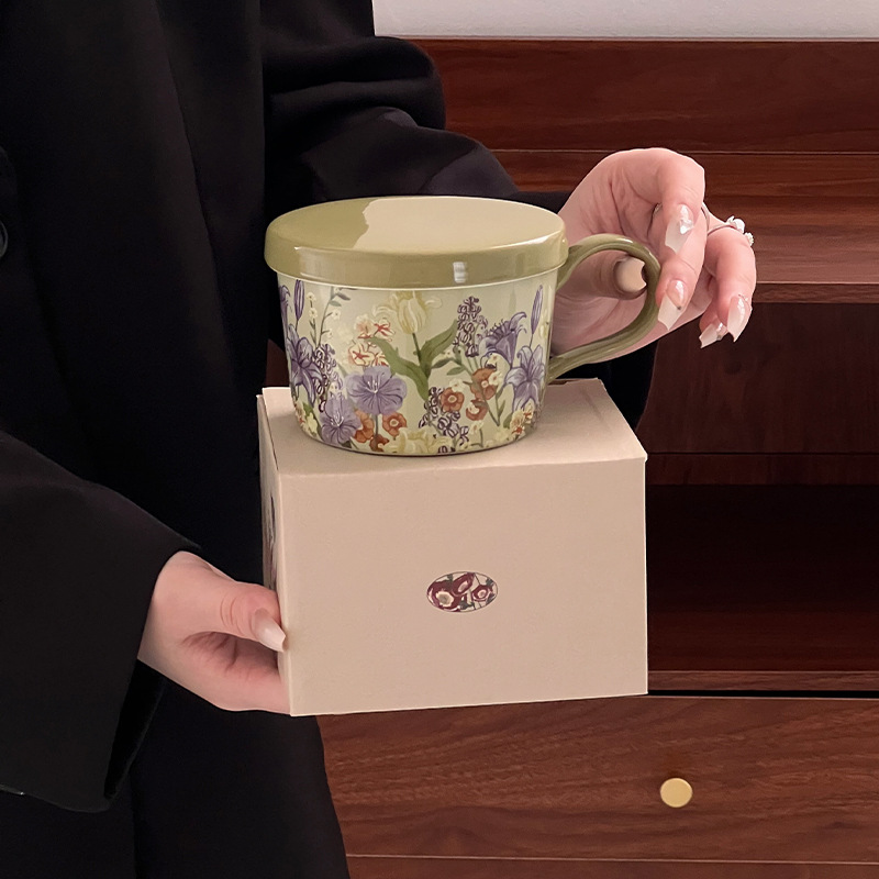 Retro pinturas al óleo de flores de conejo tazas de café y platos de cerámica tazas de café caja de regalo para el hogar diario