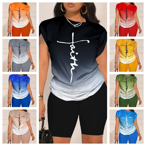 Best-selling Y016 cross-border women's clothing—European and American style, Amazon-printed, gradient-color set: top + shorts with batwing sleeves.