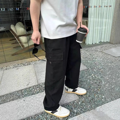 「高精細同源」25Fw 新型ダメージ加工三角レザーロゴパンツ PRA オーバーオールパンツ 男女同型