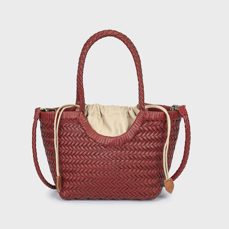 2026 Spring/Summer New Woven Market Basket Shoulder Crossbody Bag For Women Retro Genuine Leather Handbag Vacation Style Bag - Thumbnail 6