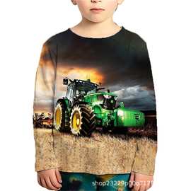 拖拉机图案3D印花跨境新款童装休闲长袖t恤厂家直销外贸货源批发