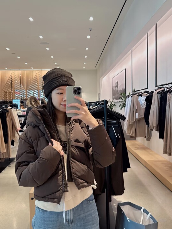 alo冬季立领连帽短款羽绒服女保暖假两件双层拉链抽绳白鸭绒外套|undefined