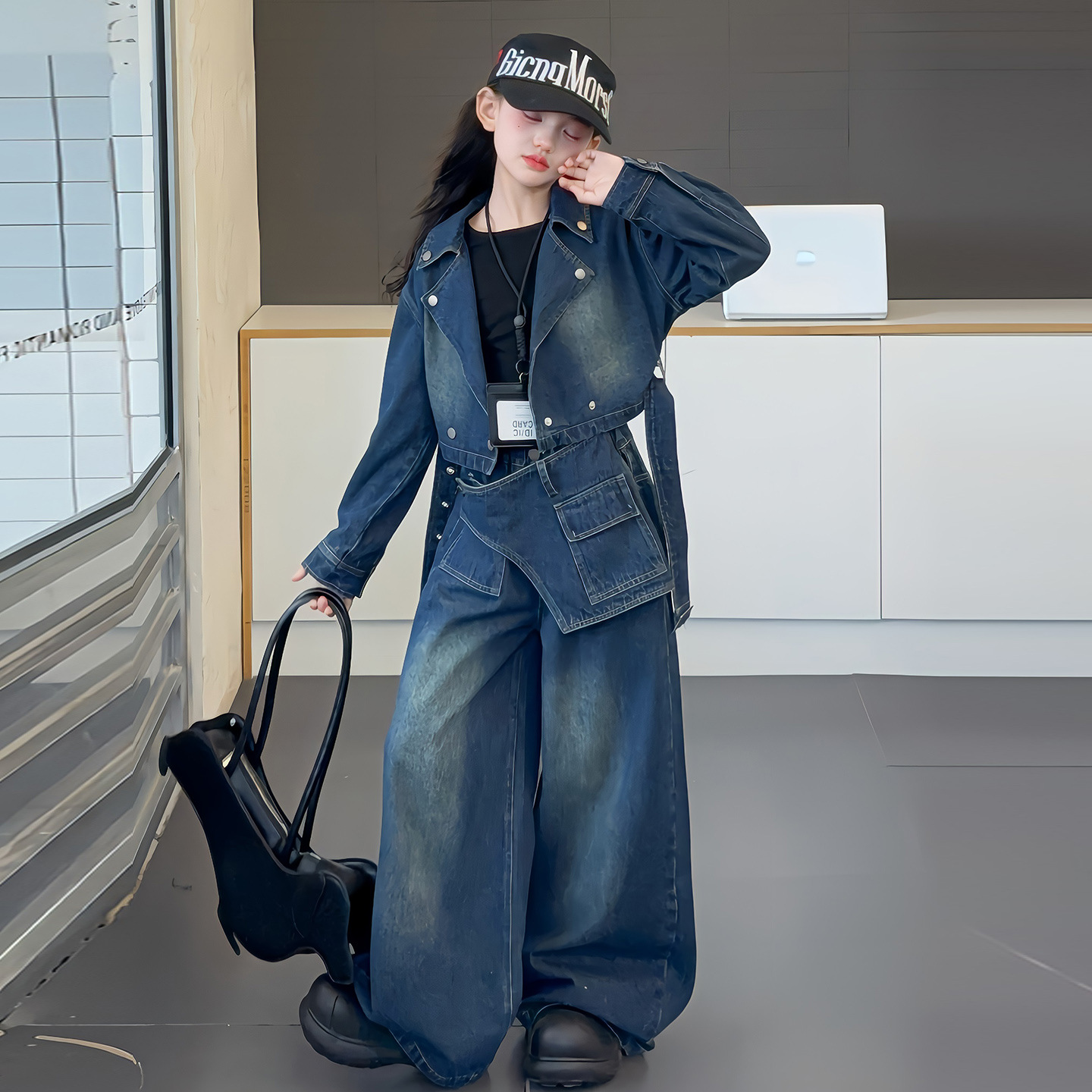 女大童秋季套装2025新款潮范洋气牛仔外套上衣阔腿高腰牛仔裤欧范