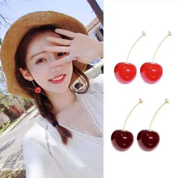 Japanese and Korean Red Cherry Earrings Sweet Temperament Versatile Personality Fashion Niche Design Earrings Cross-Border