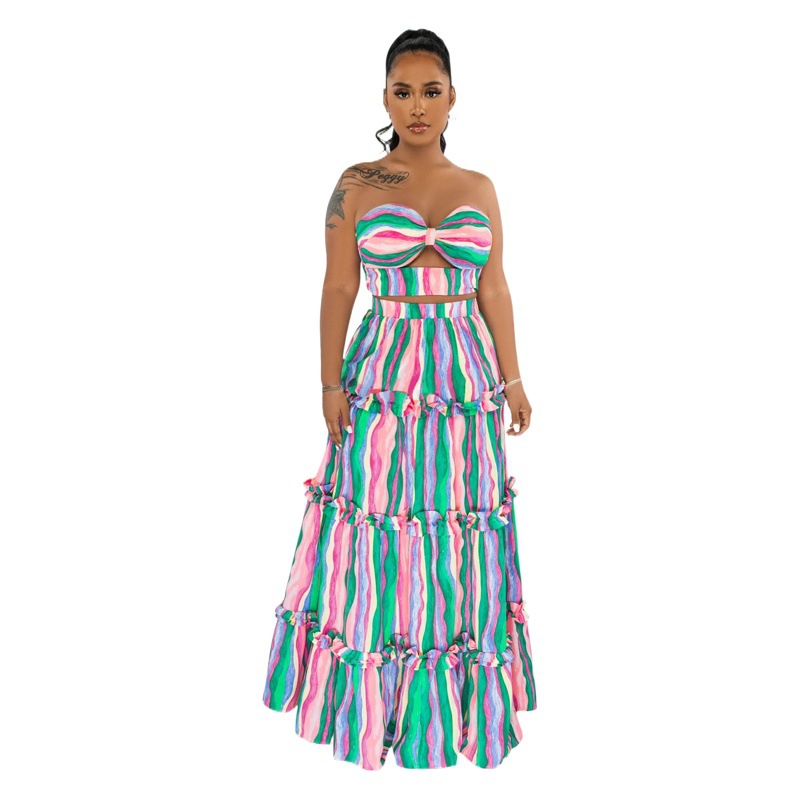 X6646 transfronteriza AliExpress Amazon moda europea y americana de las mujeres sin mangas tubo superior a rayas vestido impreso conjunto de dos piezas