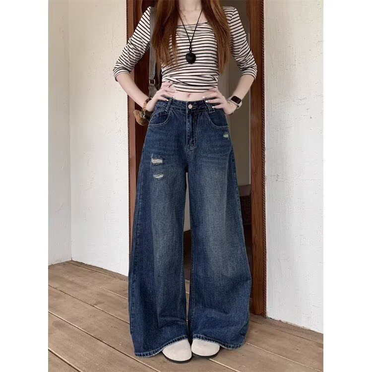 Vintage Ripped Jeans for Women, 2026 Autumn New Style, Loose High-Waisted Design, American-Style Straight-Leg Floor-Length Pants Vintage Ripped Jeans for Women, 2026 Autumn New Style, Loose High-Waisted Design, American-Style Straight-Leg Floor-Length Pants