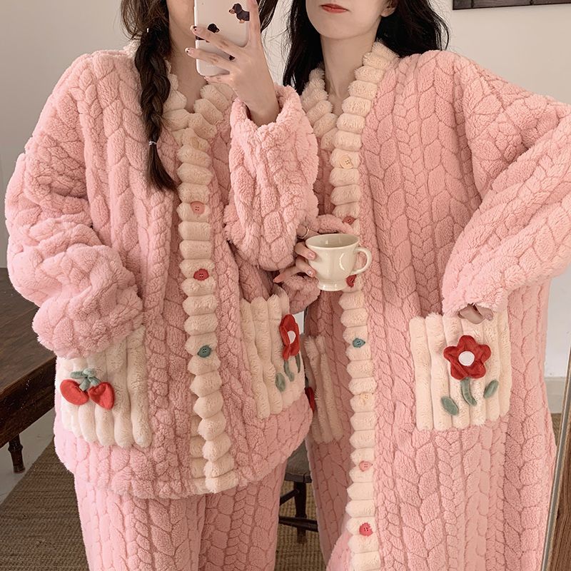 珊瑚绒睡袍女秋冬季睡裙长款花连衣裙加绒加厚法兰绒浴袍睡衣外套