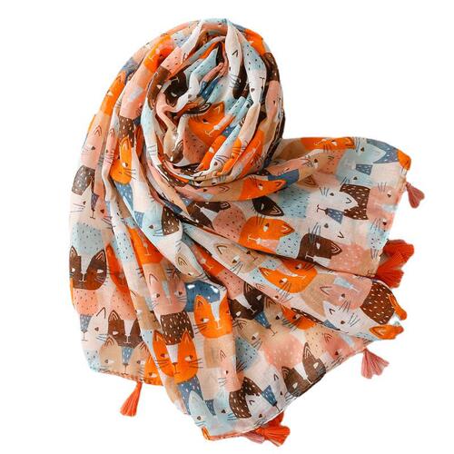  new spring and summer fresh and sweet style cartoon cat cotton and linen scarf Bali thin silk scarf shawl for women