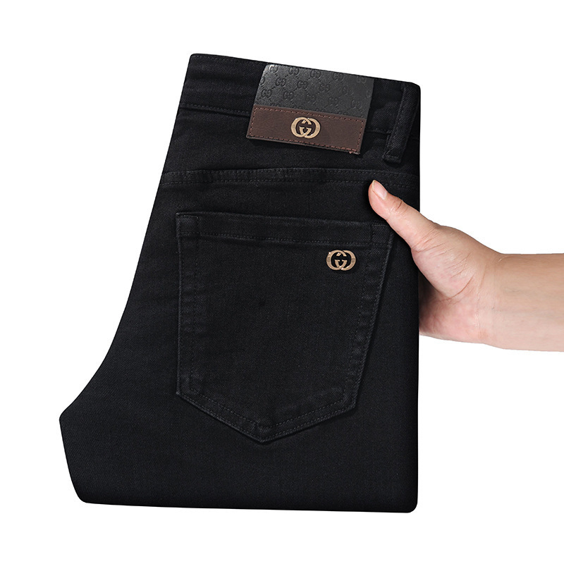 Florence High-end European Men's Jeans Autumn and Winter Stretch Slim-fit Small Straight Foot Washing Water Pure Black Men's Trousers