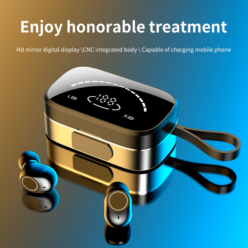 跨境專供私模TWS藍牙耳機 5.0迷妳入耳式高清鏡面數顯耳機帶挂繩