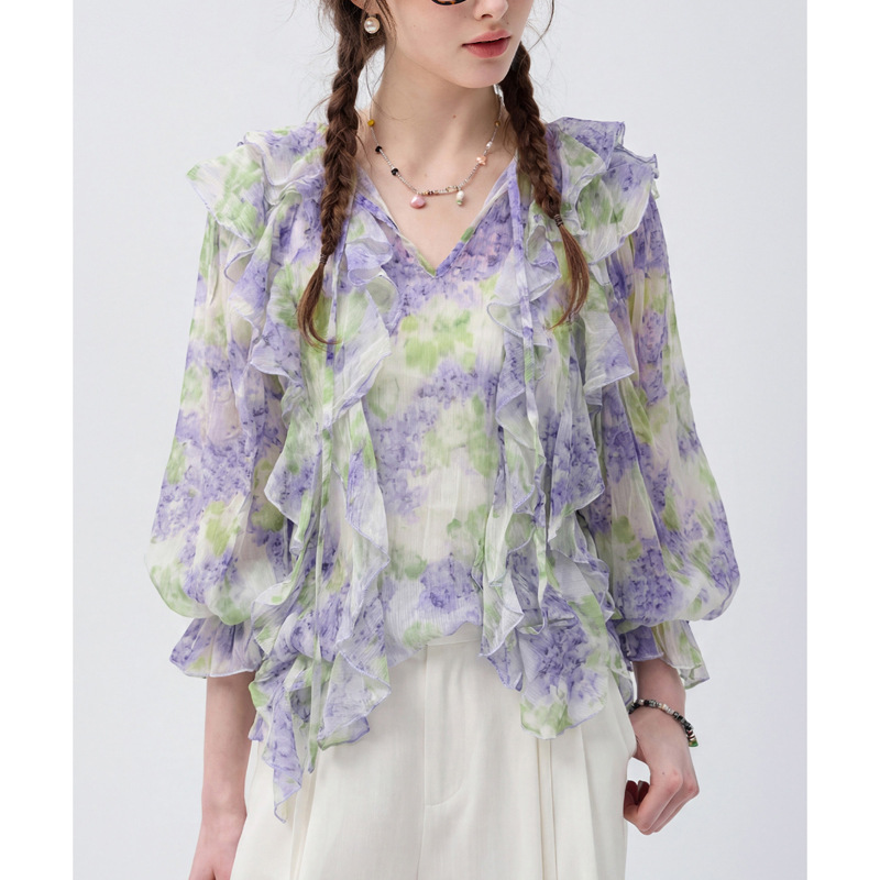 Áo sơ mi nữ chiffon in hoa tay dài viền lá sen — Yên Hà Tử chi tiết 4
