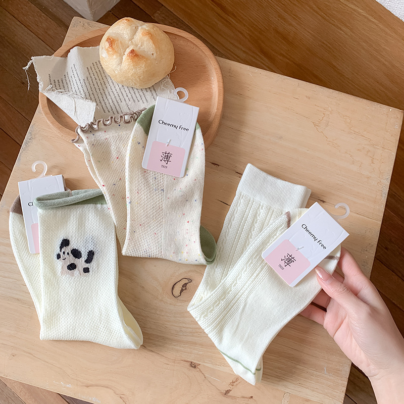 2025 verano delgado calcetines de algodón de malla transpirable calcetines de dibujos animados perros medias calcetines de color sólido calcetines de borde de hormigón al por mayor