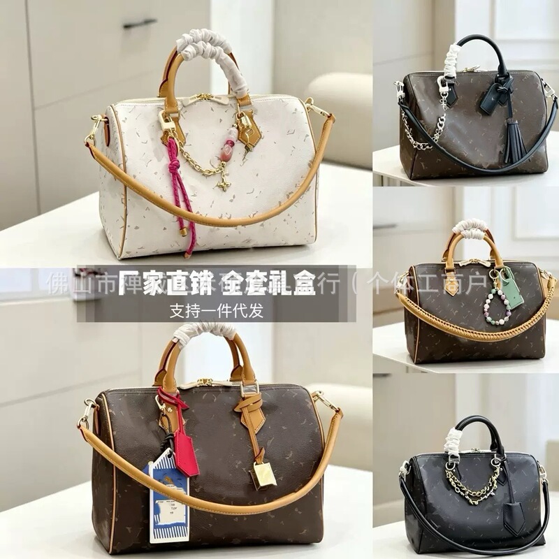 Cross-Border Speedy 30 Genuine Leather Handbag Monogram Pillow Bag Boston Direct Sale Crossbody Tote Bag in Stock