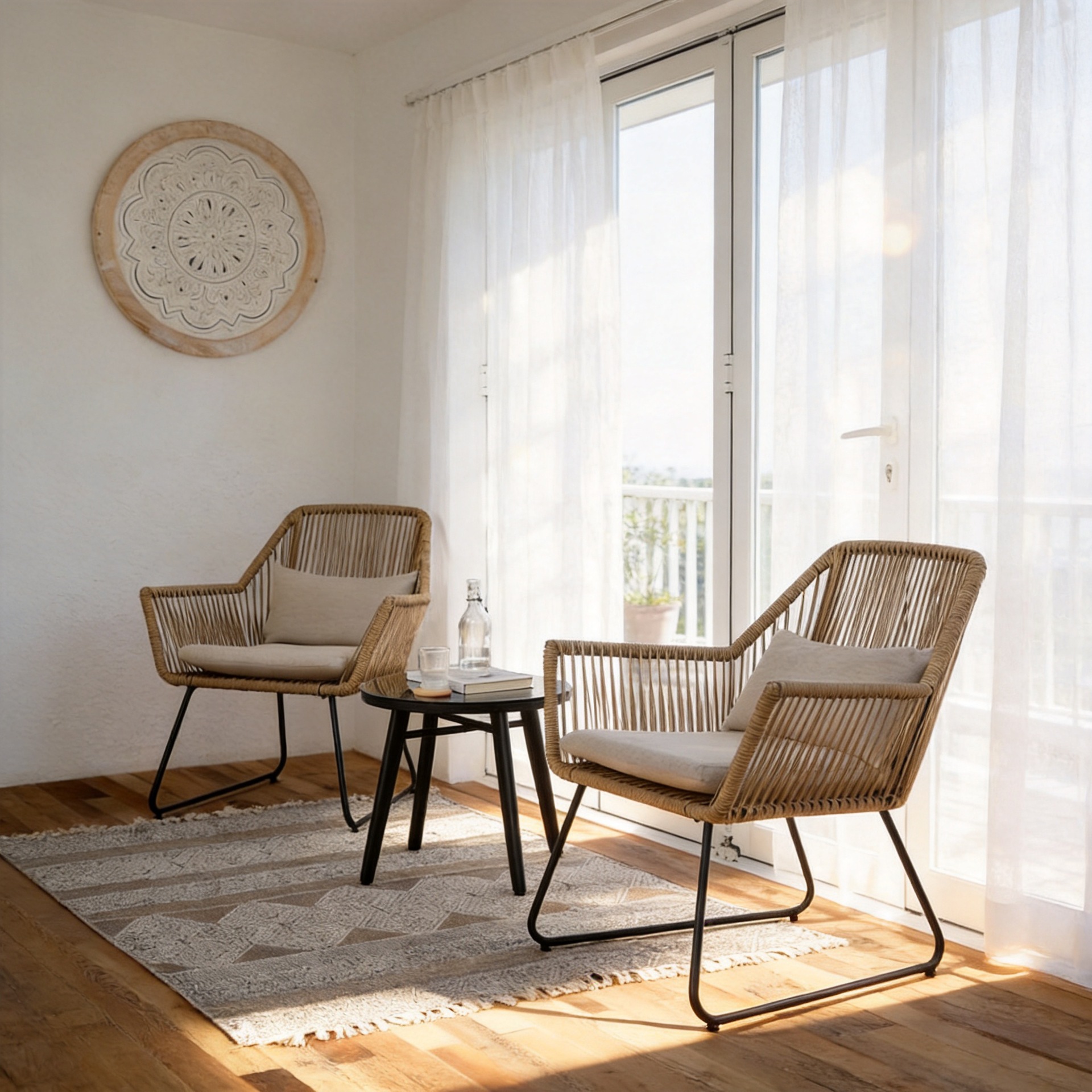 Juegos de mesas y sillas de ocio de tejido de cuerda simple en el norte de europa, juegos de mesas y sillas de ocio, balcón, patio, alojamiento residencial, silla de ratán, marco de hierro y silla trasera, juegos de tres piezas
