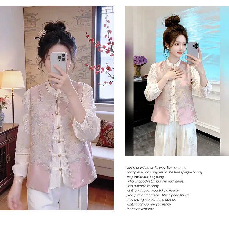 Áo gile nữ thêu hai mặt mặc được hai kiểu, dáng rộng phong cách retro — Áo gile hồng, Áo gile màu vàng chi tiết 9