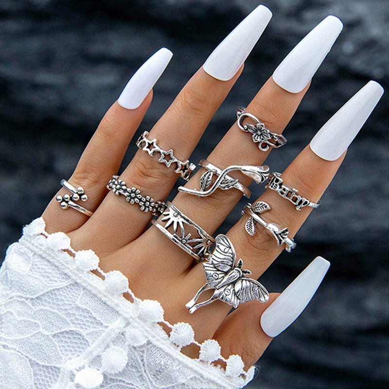 Ring Set, Retro Ethnic Style, 7-Piece European-Inspired Silver-Tone Stackable Rings