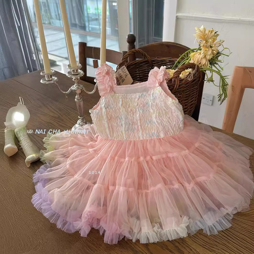 Little Girls' Dress 2024 Summer New Children's Fashion Han Style Cute Sweet Sleeveless Net Princess Dress