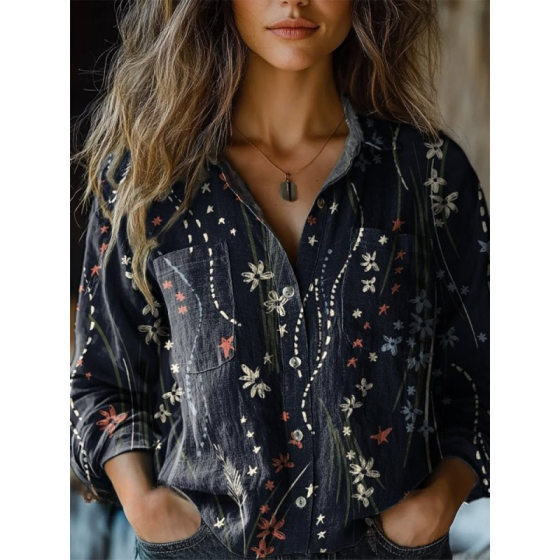 Amazon independent station cross-border new 3D digital printing ladies fashion plus size lapel long sleeve shirt top