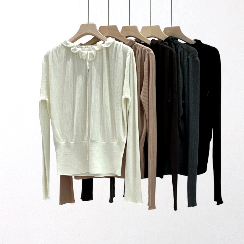 Autumn Lyocell Knit Top for Women with Ruched Shoulders, Waist-Cinching Ribbed Long-Sleeve Base Shirt, Women's Knitwear Wholesale