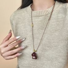 「马上有钱」木质木马吊坠长款项链女款新中式复古毛衣链挂绳配饰