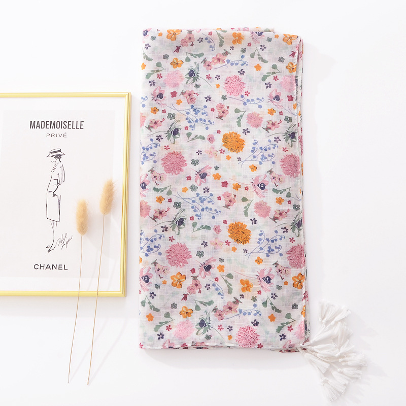 Bufanda delgada estilo coreano bufanda de primavera de las mujeres de moda todo fósforo fresco artístico floral algodón y lino sensación borla bufanda