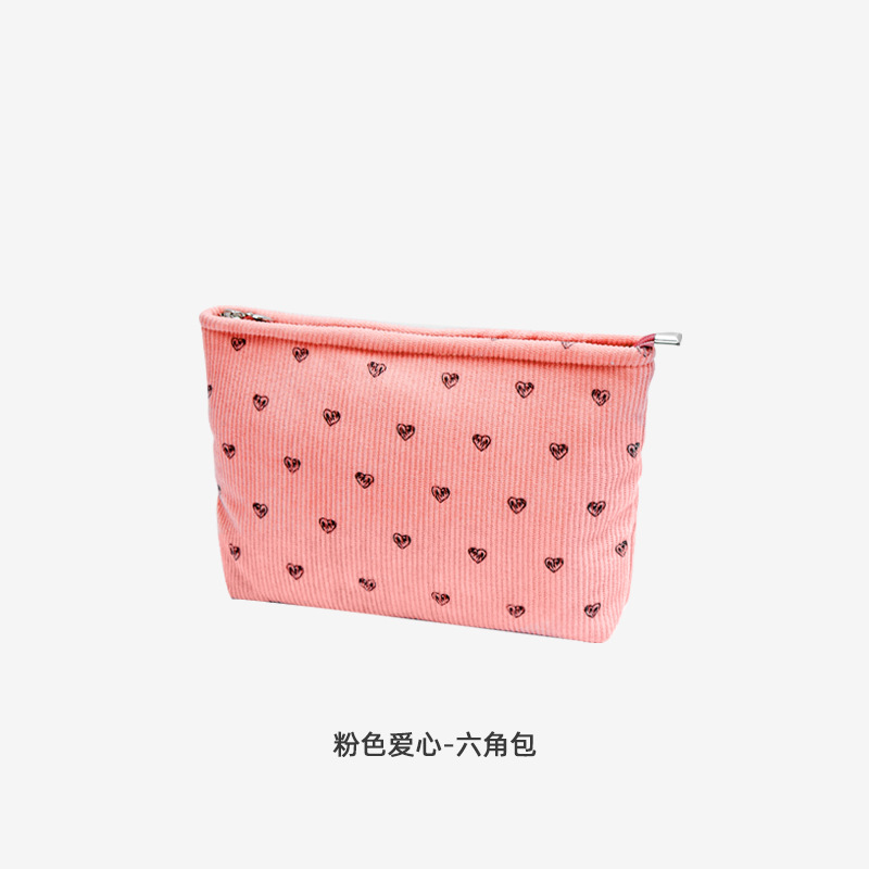 新しいコーデュロイ桃心化粧バッグ大容量高级感ポータブル化粧品収纳バケツバッグ