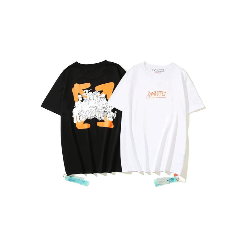 Trendy Brand Off White Orange Color-Blocking Cross Arrow Short-Sleeve T-Shirt with Hand-Painted Font and Small Logo on the Chest, Casual Couple's T-Shirt