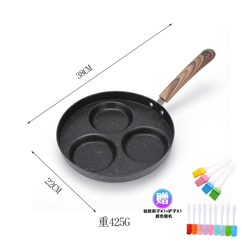 원형 프라이팬(철) 3개, 나뭇결 손잡이 + 무료 브러시와 주걱(유럽 표준 코팅)