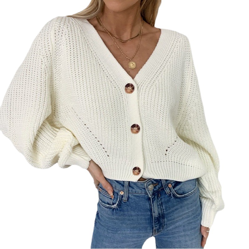 Otoño e invierno transfronterizo europeo y americano de las mujeres nuevo suéter de las mujeres de color sólido profundo V-cuello linterna manga botón suelta cardigan de punto