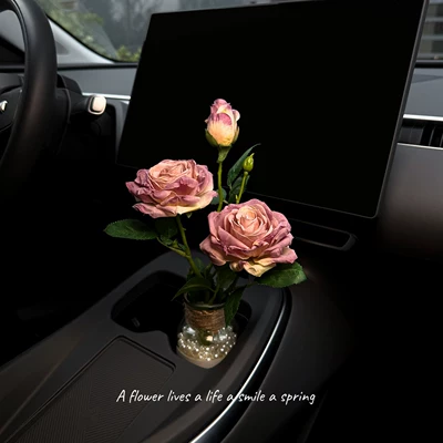 Car Ornaments, French-Style Oil Painting with Burnt Edges, Simulated Roses, Car Interior Decorations, Car Aromatherapy, Water Cup Holder Decoration, High-End for Women
