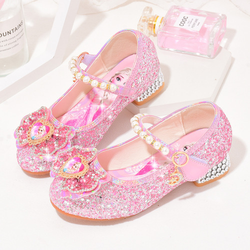 Children's leather shoes for spring and autumn, Elsa single shoes for little princess, crystal shoes for little girls, high heels with soft soles, children's shoes for girls